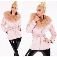 Taillierte Stretch Jacke mit abnehmbarem Pelzkragen, Kunstleder Patches, Zipper Taschen schrägem Frontzip