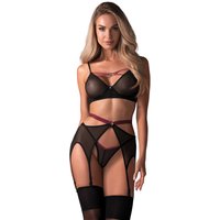Obsessive 3 teiliges Straps Set mit Soft BH, Strapsgürtel und V String. Aus feinem schwarzem Powernet mit pinkfarbenen Akzenten.