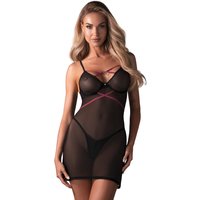 Obsessive Das 2 teilige Dessous Set besteht aus einem Negligé und einem String. Das Material ist feines schwarzes Powernet mit pinkfarbenen Riemchen Akzenten.