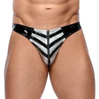 Lack Slip von Black Level im schwarzen Glanz. Der silberfarbene Beutel im rasanten Streifen Look ist mit einem Reißverschluss versehen.