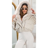 Cropped Kunstleder Winterjacke Lederlook Blouson Bauchfrei Jacke Kurz mit Kunstfell