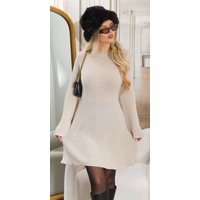 Basic Business Strickkleid Langarm Kleid Rippstrick Look mit Trompeten Ärmel, Lässiges A Linie Winterkleid