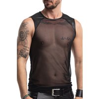 Herren Shirt RMTizian001 schwarz transparentes Slim Fit Tanktop mit Wetlook Schultern für einen markanten Auftritt von Regnes Fetish Planet