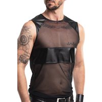 Schwarzes Herren Shirt RMSilvestro001 aus Wetlook und Mesh transparenter Blickfang für definierte Schultern und maskuline Silhouette von Regnes Fetish Planet