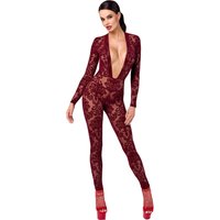 F382 Kinky Royal Overall burgunder aus transparentem Flocktüll mit tiefem Ausschnitt, figurbetonend, langen Ärmeln und 2 Wege Reißverschluss im Schritt für einen heißen Look von Noir Handmande