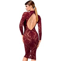 F384 halblanges Flockkleid Kinky Royal aus weichem elastischem Tüll mit floraler Flockstickerei, tiefem Rückenausschnitt und Hakenverschluss am Kragen knielanges Design, das deine Kurven betont von Noir Handmade