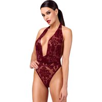 F386 Body Kinky Royal aus elastischem Netz mit floralem Samtdruck, tiefem Wasserfallausschnitt und offenem Rücken bis zum Po von Noir Handmade