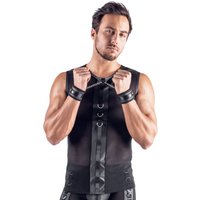 Svenjoyment Bondage Netz Shirt ärmellos elastisch im schwarzen Mattlook mit Fesselringen vorne hinten inkl. Soft Handfesseln mit Karabinerketten für heiße Bondage Action