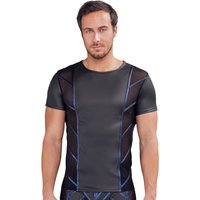 Betonendes Kurzarm Shirt von NEK im schwarzen Mattlook mit seitlichen Netz Einsätzen und glänzenden Blue Metallic Streifen sexy Clubwear für selbstbewusste Nächte!