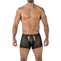 Schwarzer Sheer Boxer C4MRAV101 aus dehnbarem Netz und glattem Material mit aufklappbarem Suspensorium und gummiertem Frontlogo von CUT4MEN