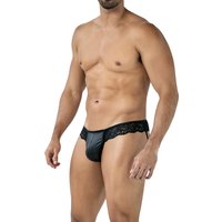 Schwarzer Jockstring Spitze RAV104 mit glattem elastischem Stoff, formstabilem Suspensorium, flexiblen Gummibändern und gummiertem Frontlogo von CUT4MEN