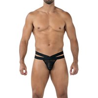 Schwarzer Cross String mit Netz RAV105 aus breiten elastischen Bändern, geformtem Suspensorium und markantem CUT4MEN Frontlogo für starken Look