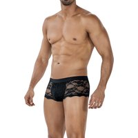 Schwarzer Lacey Trunk Shorts C4MRAV106 aus weicher Spitze mit breitem Gummibund, blickdicht ausgekleidetem Suspensorium und markantem Frontlogo von CUT4MEN