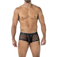 Schwarzer Trunk Shorts RAV110 aus dehnbarem Netz mit maskulinem Suspensorium, glattem Bund und dezentem Logo für einen markant sexy CUT4MEN Look