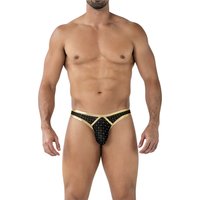 Schwarz goldner String RAV111 Sexy Netzdesign mit glattem Bund, geformtem Suspensorium und gummiertem Frontlogo von CUT4MEN