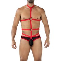 Schwarz roter Body Harness RAV114 sexy Netzdesign mit geformtem Suspensorium, flexiblen Gummibändern, Metallelementen und markantem Frontlogo von CUT4MEN