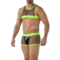 Neon Rave Set RAV116 aus grobem Netzmaterial mit auffälligen Neonbändern, markantem Lack Suspensorium und provokantem Logo Detail für selbstbewusste, sexy Unterwäsche Momente