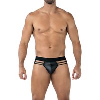 Black Wired String RAV124 maskuliner String aus glattem Stretchmaterial mit geformtem Suspensorium, breitem Gummibund und markantem CUT4MEN Frontlogo für einen provokanten, selbstbewussten Underwear Look