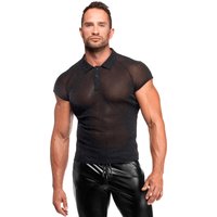 Feinnetz Polo Shirt H082 aus transparentem, dehnbarem Netzmaterial mit silbernem Schimmer, markantem Stehkragen und Dreiknopfdetail für einen modernen, körperbetonten Look Noir Handmade Men