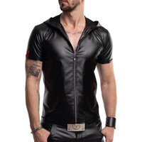 Herren Kapuzen T Shirt RMEttore001 in mattem Kunstleder von Regnes Fetish Planet körpernahe Slim Fit Form mit markantem Front Reißverschluss und RFP Zipperdetails für einen provokanten, maskulinen Look