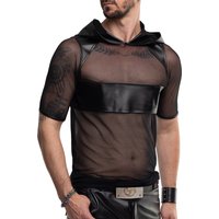 Herren Kapuzen T Shirt RMIvo001 von Regnes Fetish Planet aus schwarzem Mesh mit matten Wet Look Einsätzen, dehnbarem Material und markanter Slim Fit Passform für einen provokanten, maskulinen Style