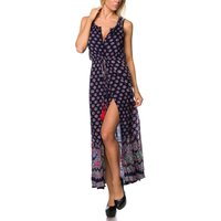 Sommerliches Damen Maxi Kleid mit orientalischem Print, Knopfleiste, Rückenausschnitt, Tunnelzug in der Taille hohem Beinschlitz elegant luftig