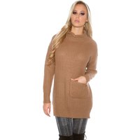 KouCla Long Pullover aus weichem Grobstrick in legerer Oversize Form mit hohem welligem Kragen, leichter Transparenz und lässiger Tasche links