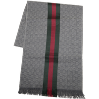 Gucci - Scarf Gray Red Green Stripes GG Wool Silk Shawl