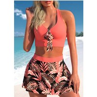 Criss Cross Tropical Plants Print Coral Bikini Top