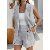 Grey Striped Sleeveless Short Sleeve Cardigan and Shorts