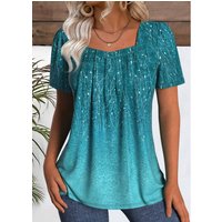 Peacock Blue Leaf Print Short Sleeve T Shirt