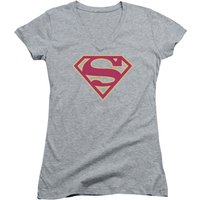 Superman Red And Gold Shield Junior Women's V-Neck T-Shirt Athletic Heather