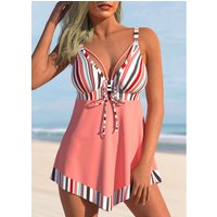 ROTITA Striped Hanky Hem Peach Pink Bowknot Swimdress Top