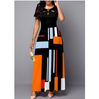 ROTITA Geometric Print Black Cage Neck Dress
