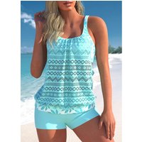 ROTITA Lace Patchwork Cutout Cyan Tankini Set