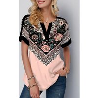ROTITA Floral Print Light Pink Split Neck T Shirt