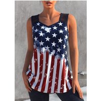 ROTITA Lace Stitching American Flag Print Color Block Tank Top
