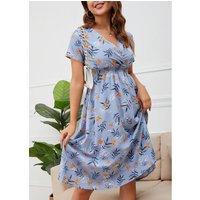 V Neck Leaf Print Sky Blue Dress
