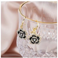 Floral Design Rhinestone Metal Detail Black Earrings