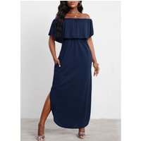 Off Shoulder Double Side Pockets Navy Blue Dress