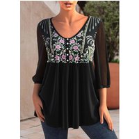 ROTITA Black Floral Print V Neck T Shirt