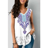 ROTITA White Lace Stitching Tribal Print Tank Top