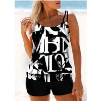 ROTITA Letter Print Double Straps Black Tankini Top