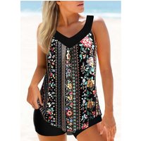 ROTITA Floral Print Black Wide Strap Tankini Top