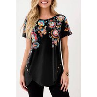 ROTITA Floral Print Decorative Button Black T Shirt