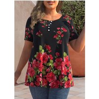 ROTITA Floral Print Black Plus Size T Shirt