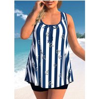 ROTITA Striped Navy Blue Plus Size Bowknot Tankini Top