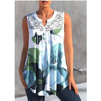 ROTITA Lace Stitching Floral Print Light Blue Tank Top