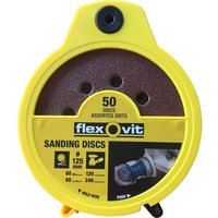 Flexovit, Flexovit 125mm Hook and Loop Sanding Disc Dispenser Pack 125mm Assorted Pack of 50 Flexovit, Flexovit 125mm Hook and Loop Sanding Disc Dispenser Pack 125mm Assorted Pack of 50