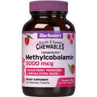 EarthSweet Chewables CellularActive Methylcobalamin Vitamin B12 5000 mcg, Natural Raspberry Flavor, 60 Chewable Tablets, Bluebonnet Nutrition